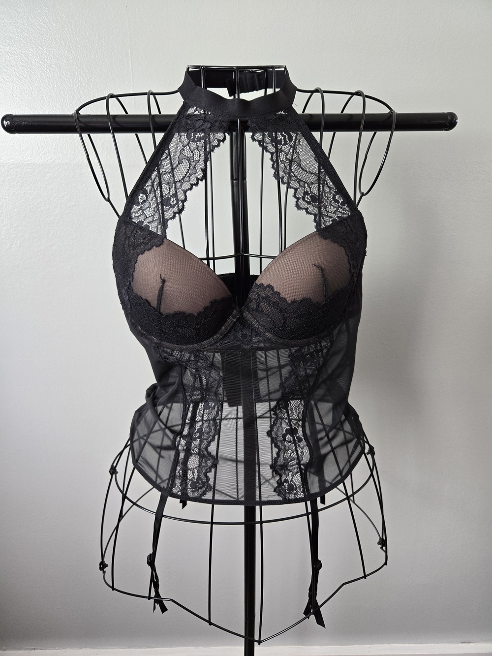 NWT Adore Me Black Lace Halter Top Bustier Garter Straps Mesh 34C Lingerie